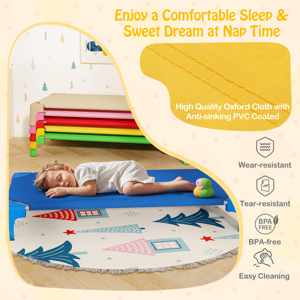 Portable 6 pack stackable daycare cots for kids in multicolor, featuring sturdy metal pipes and non-slip foot pads.