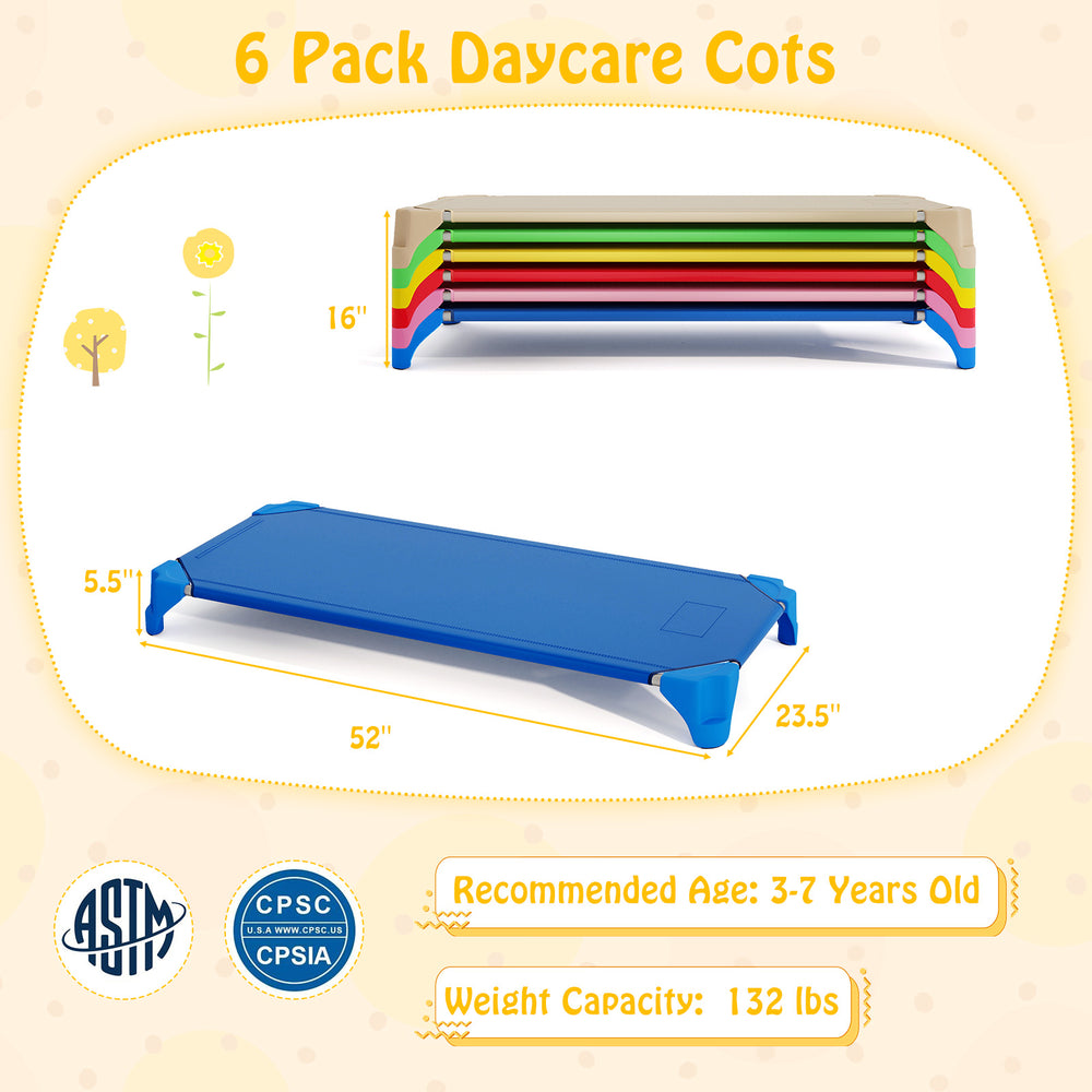 Multicolor portable 6 pack stackable daycare cots, 52 inches long, ideal for kids' rest time in daycare or home.