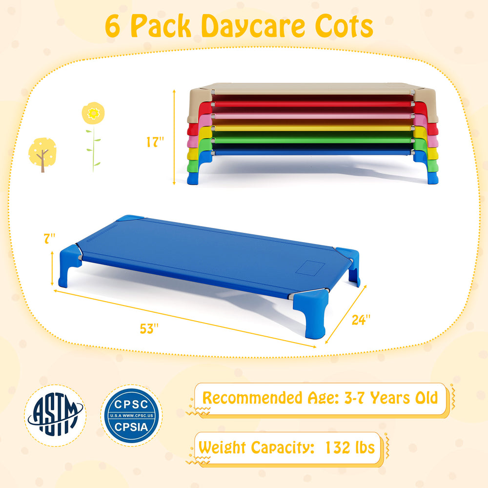 Multicolor stackable daycare cots for kids, 53 inches long, with sturdy metal pipes and non-slip foot pads for.