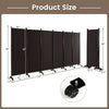 Six-panel rolling room divider in walnut, 5.7 feet tall, featuring a woven surface and 14 universal wheels for easy mobility.