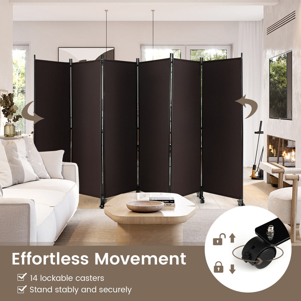 Rolling 6-panel room divider in walnut with 14 lockable casters for easy movement and stable indoor privacy.