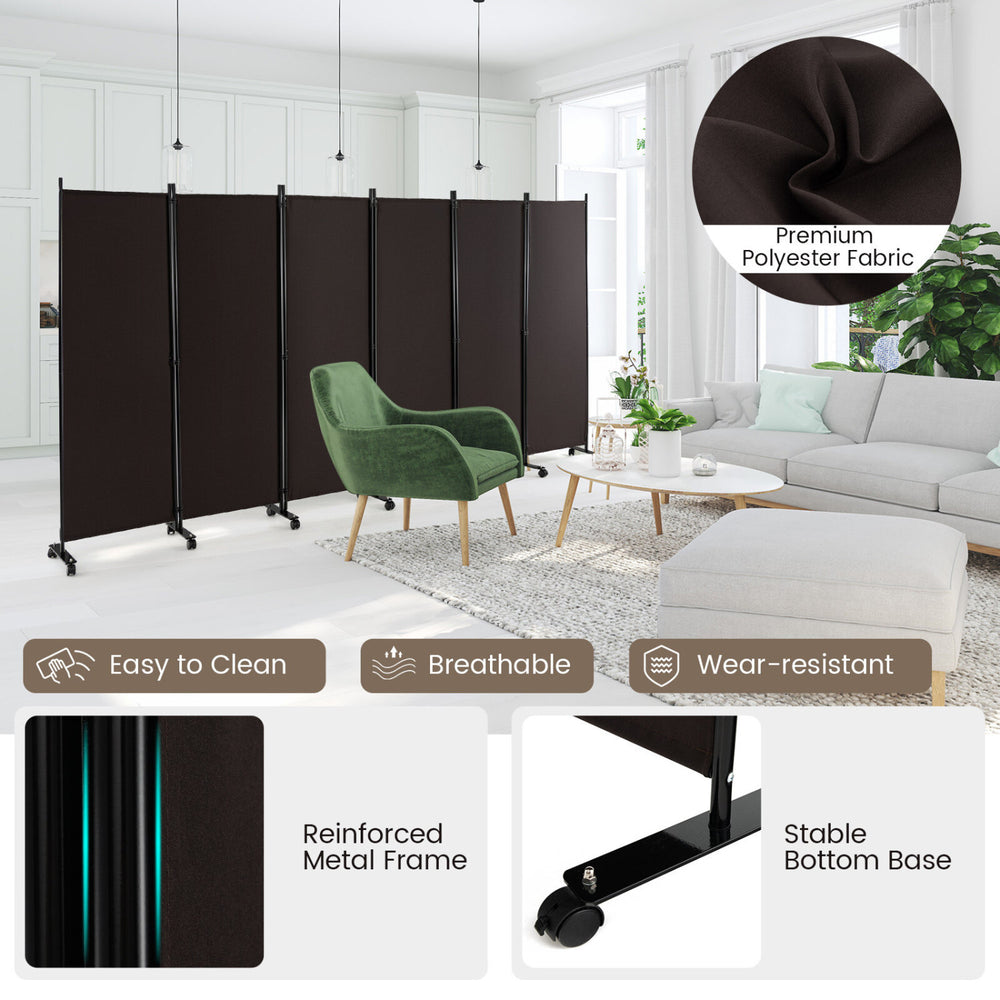Six-panel rolling room divider in walnut with breathable fabric and sturdy metal frame, ideal for home or office privacy.