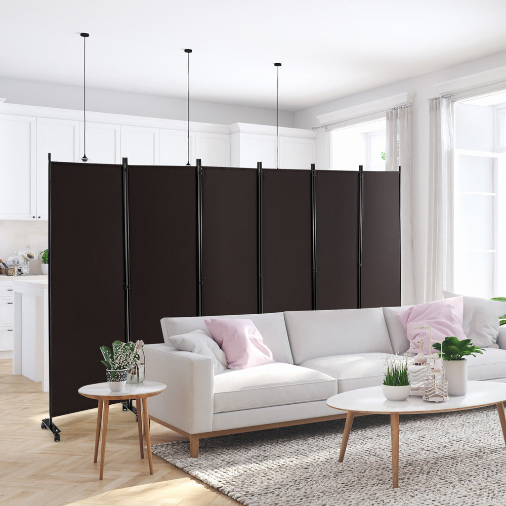 Rolling 6-panel room divider in walnut with woven surface, perfect for creating privacy in home or office spaces.