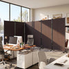 Six-panel folding privacy screen room divider in coffee color with wheels, ideal for flexible room arrangements and privacy.
