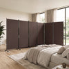 Six-panel folding privacy screen room divider in coffee color, featuring wheels for easy mobility and a robust metal frame.