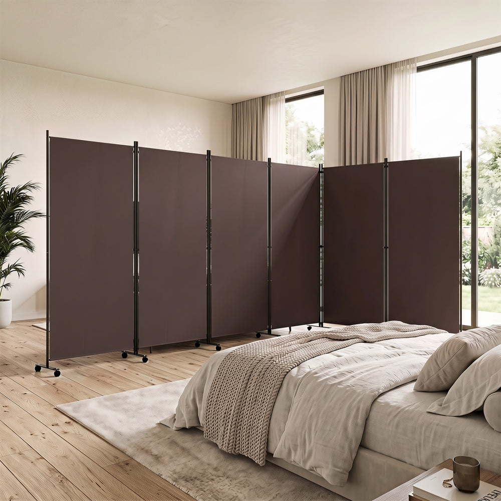 Six-panel folding privacy screen room divider in coffee color, featuring wheels for easy mobility and a robust metal frame.