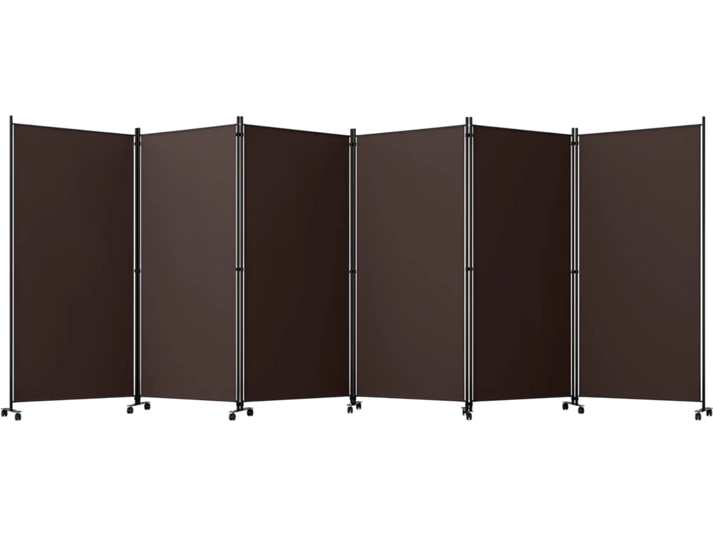 Six-panel folding privacy screen room divider in coffee color with wheels, ideal for versatile room arrangements and privacy.