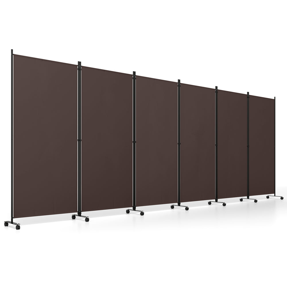 Six-panel folding privacy screen room divider in coffee color with wheels, ideal for living room or restaurant use.