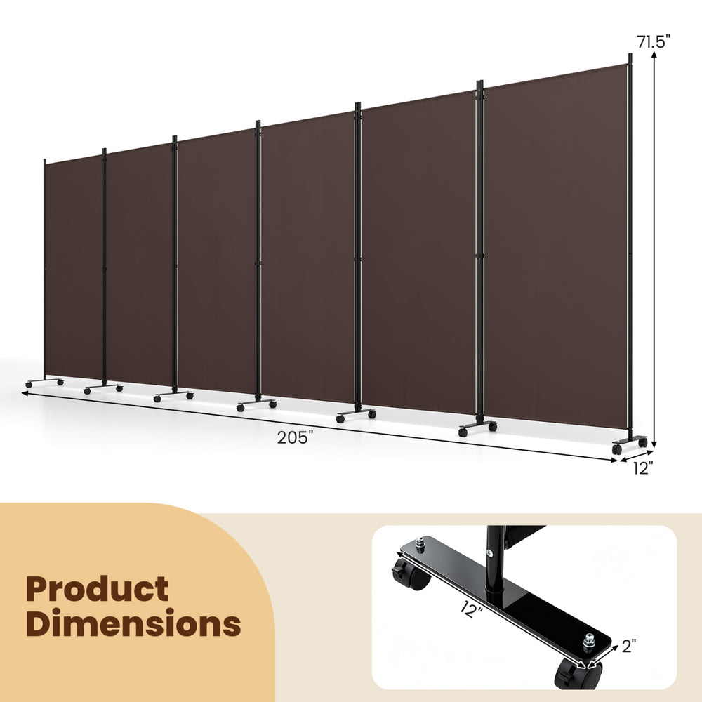 6-panel folding privacy screen room divider in coffee color with wheels, ideal for living rooms and bedrooms.