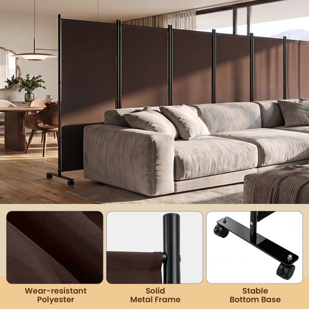 Six-panel folding privacy screen room divider in coffee color, featuring a wear-resistant polyester fabric and wheels for easy mobility.