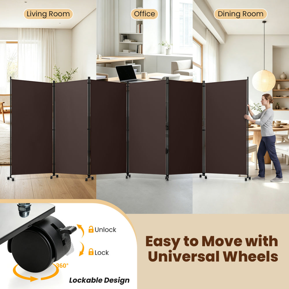 Six-panel folding privacy screen room divider in coffee color with universal wheels, ideal for flexible room arrangements.