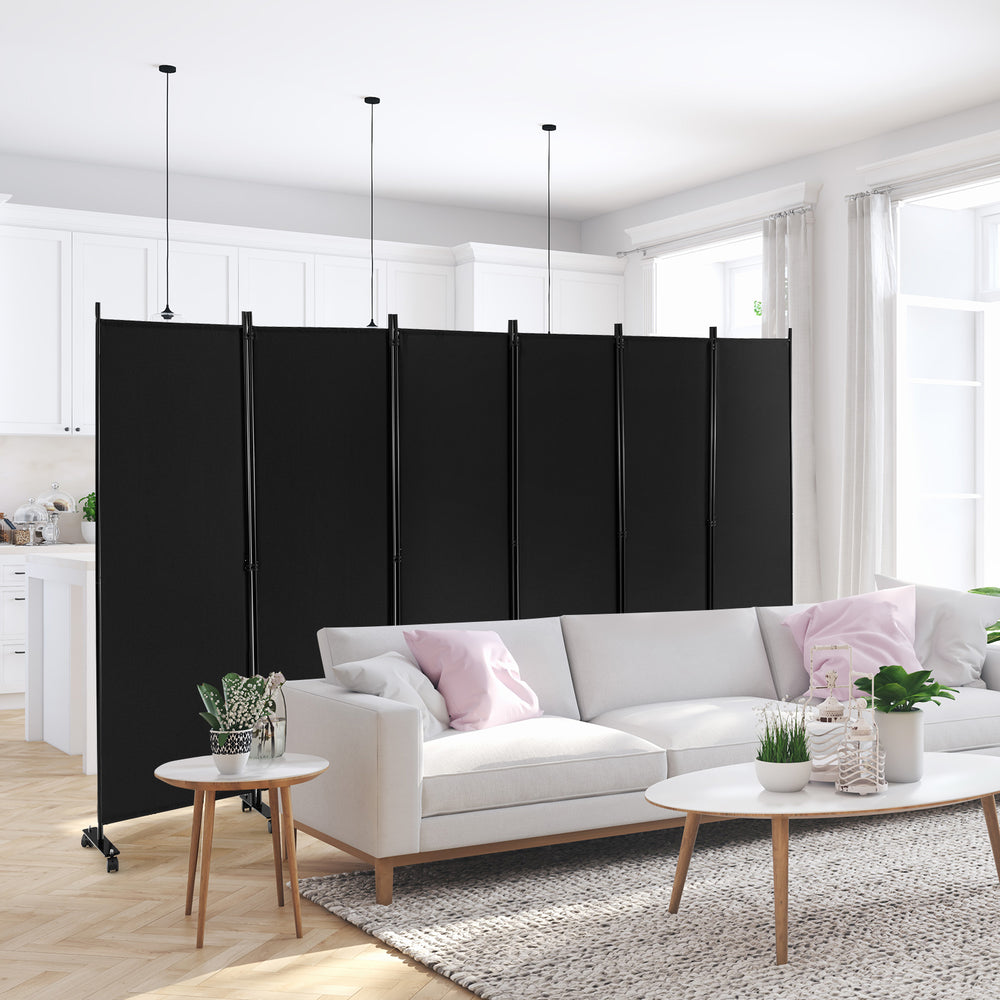 6 Panel 5.7 Feet Tall Rolling Room Divider on Wheels-Black - Gallery View 1 of 8
