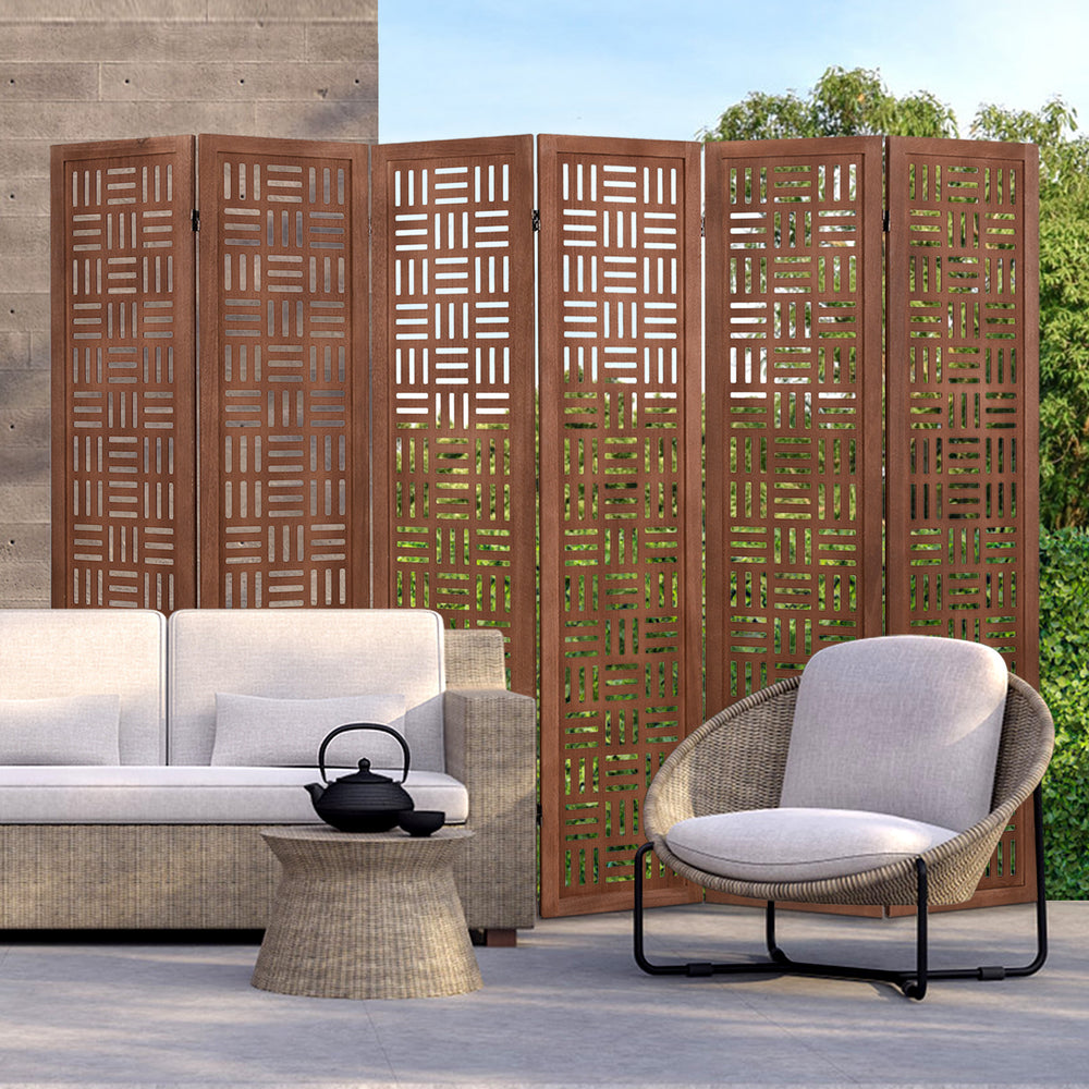 6-panel solid wood room divider with intricate cut-out pattern, perfect for adding rustic elegance to any space.