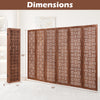 Dimensions of the 6-panel solid wood room divider, featuring a rustic cut-out pattern and foldable design for easy.