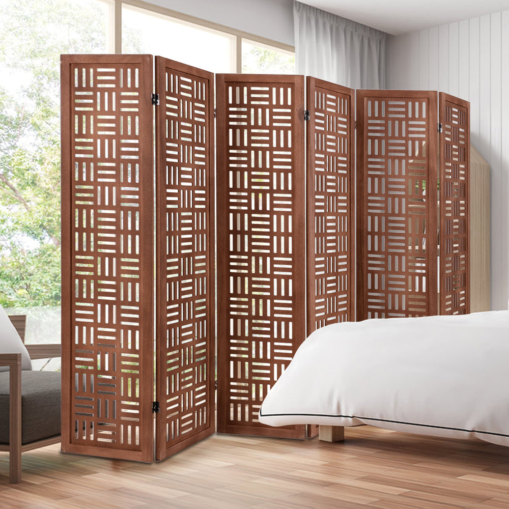 6-panel solid wood room divider showcasing a rustic cut-out design, perfect for flexible space management in any room.