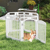 Tall 6-panel white dog playpen with locking door, made of HDPE, ideal for indoor and outdoor pet play areas.