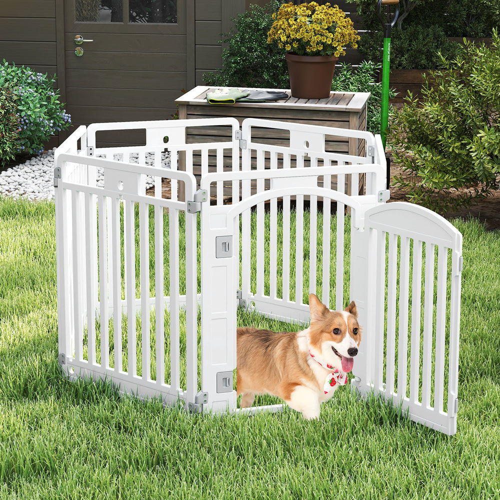 Tall 6-panel white dog playpen with locking door, made of HDPE, ideal for indoor and outdoor pet play areas.