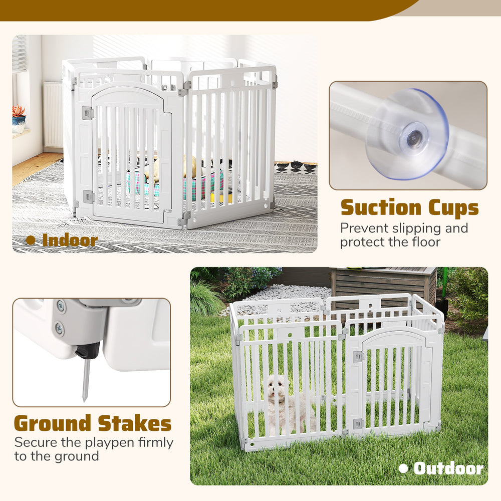 6-panel tall dog playpen in white with locking door, suction cups, and ground stakes for secure indoor and outdoor use.