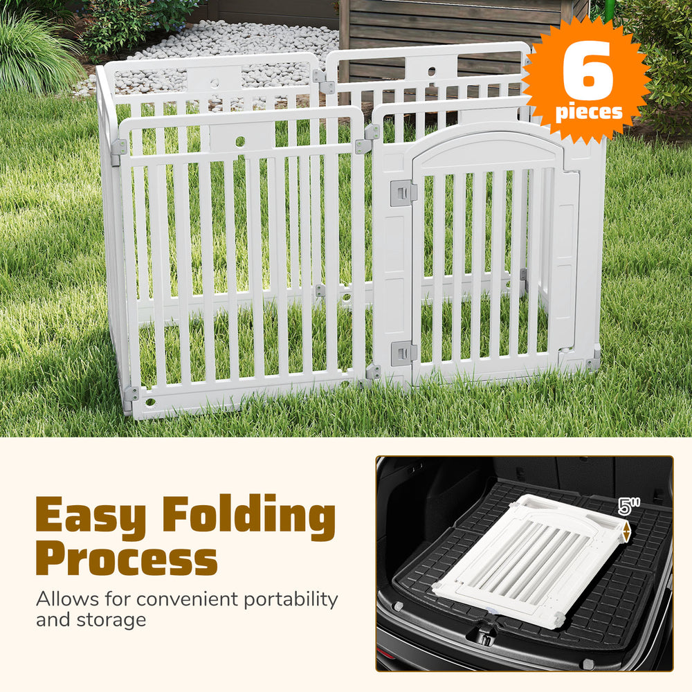6-panel tall dog playpen in white, made of HDPE, features a locking door and easy folding for storage and portability.