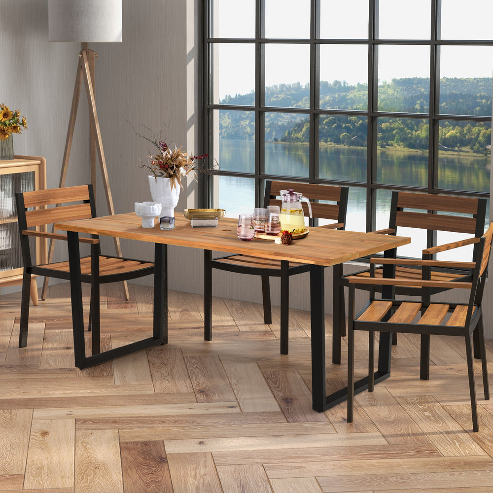 Rectangular 6-person acacia wood dining table with a 2-inch umbrella hole, featuring a sturdy metal frame for indoor or.
