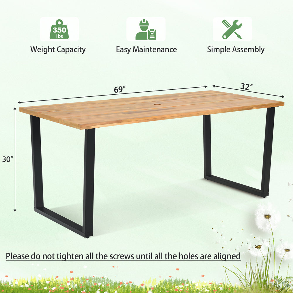 Rectangular 6-person acacia wood outdoor dining table with metal frame, 69" x 32", features 2" umbrella hole for.