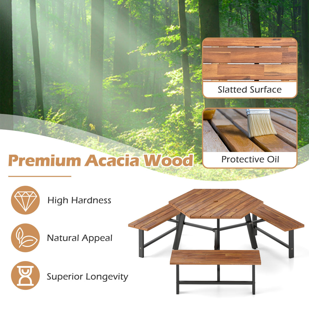 Acacia wood picnic table bench set for 6, featuring slatted surface, protective oil, and sturdy metal legs for outdoor.