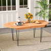 Teak wood tabletop dining table for 6 with metal legs, ideal for outdoor patio gatherings and easy assembly.