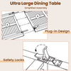 Detailed view of the plug-in design and safety locks of the 71-inch patio dining table with teak wood tabletop.
