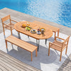 Teak wood 71-inch patio dining table with metal legs, set for six, ideal for outdoor gatherings by the pool.