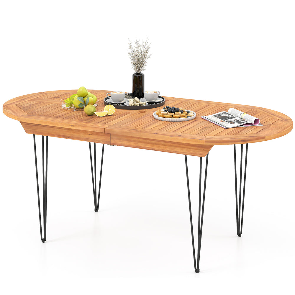 Teak wood patio dining table for 6, featuring a durable design and metal legs, perfect for outdoor gatherings.