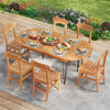 Teak wood patio dining table for 6 with metal legs, showcasing a natural finish and stable design, perfect for outdoor.