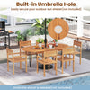 71-inch patio dining table with teak wood tabletop, seating 6, featuring a built-in umbrella hole for outdoor use.