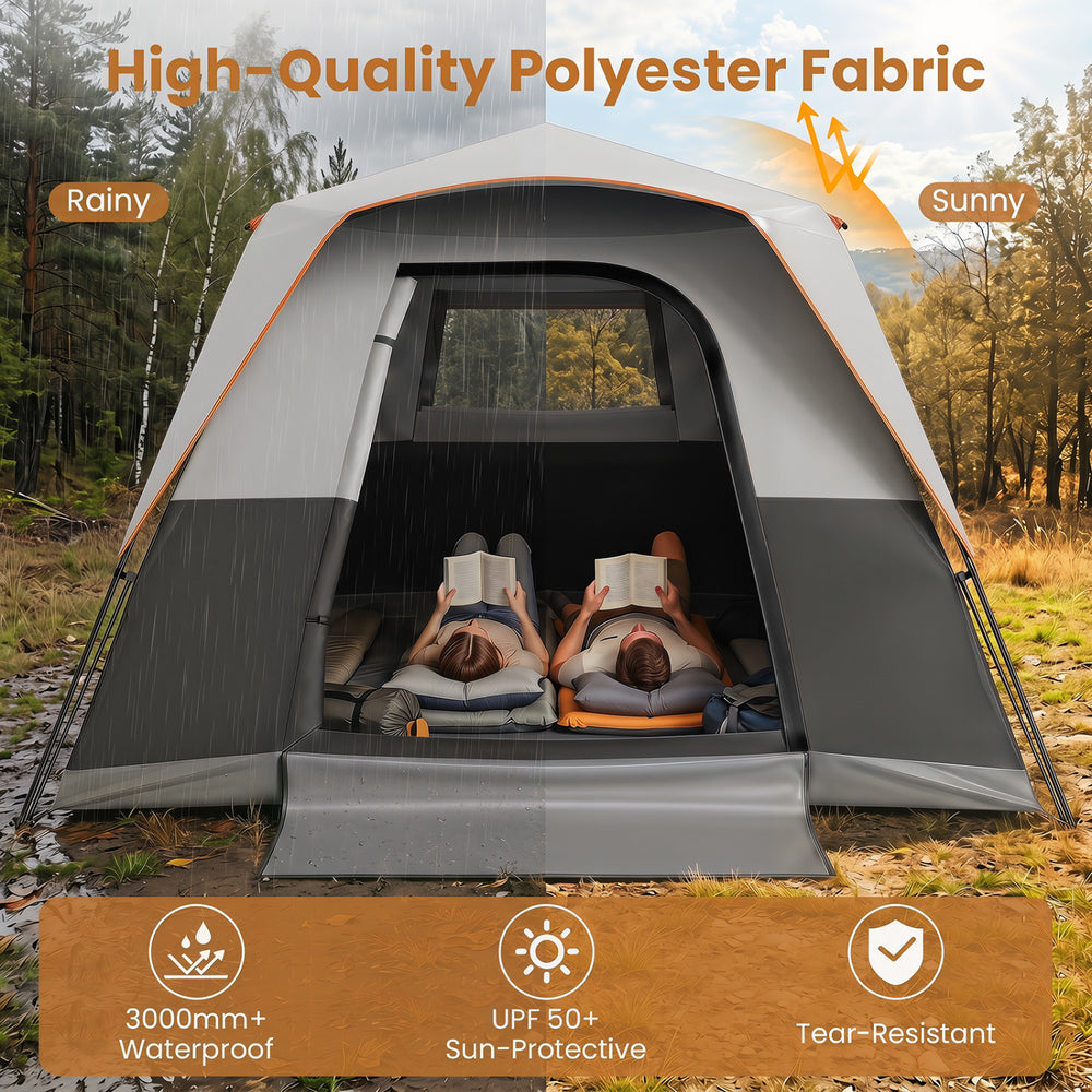 Spacious 6-person camping tent with UPF 50+ sun protection, waterproof fabric, and easy setup for outdoor adventures.