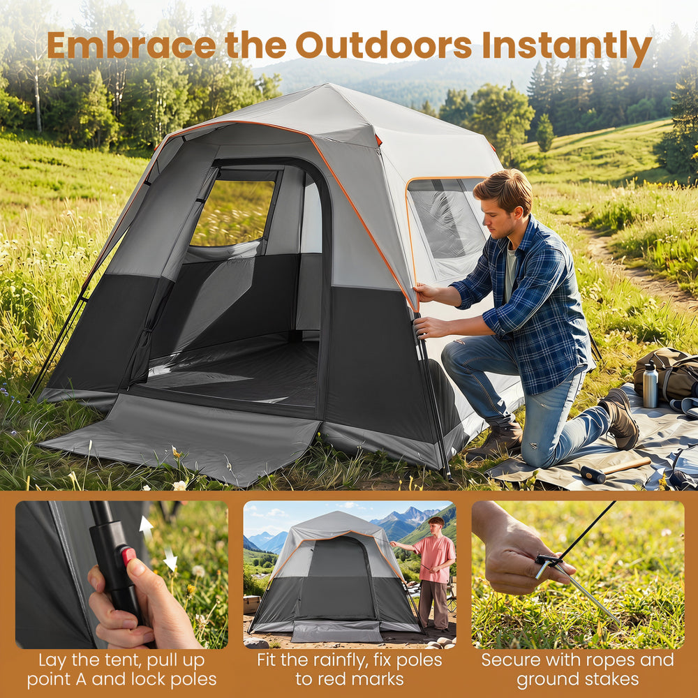 Spacious 6-person grey camping tent with rainfly, easy setup, and blackout features for comfortable outdoor adventures.