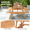 Rectangular 6-person picnic table set with 2 built-in benches, natural wood finish, ideal for outdoor gatherings.