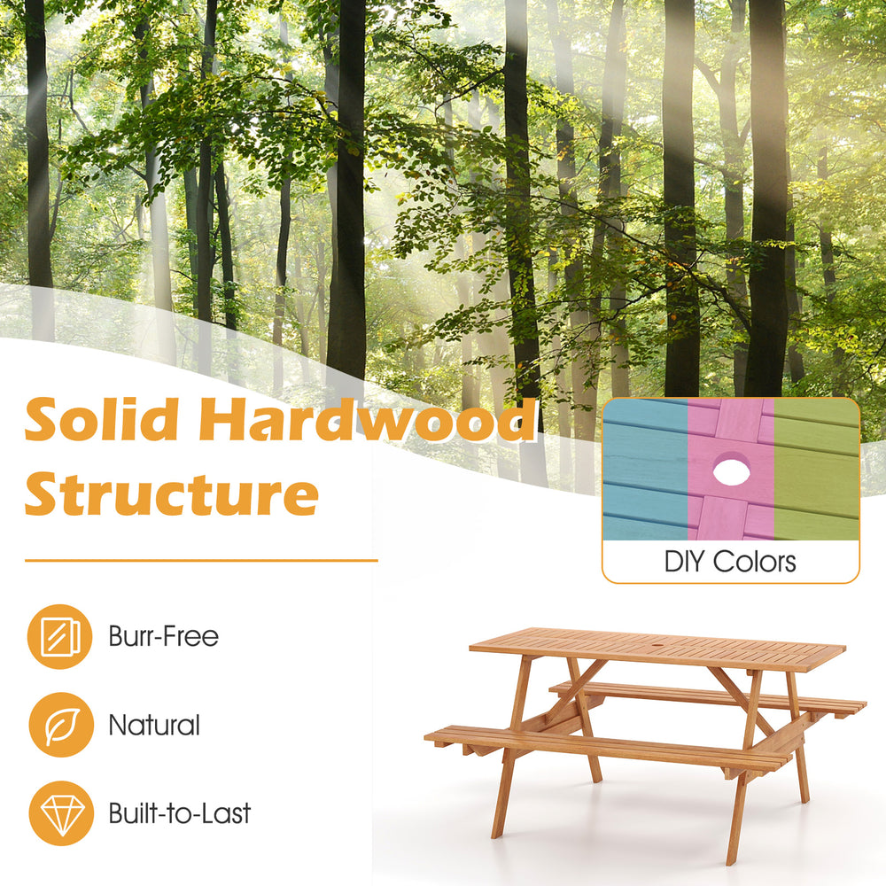 6-person picnic table set with natural hardwood, umbrella hole, and built-in benches for outdoor gatherings.