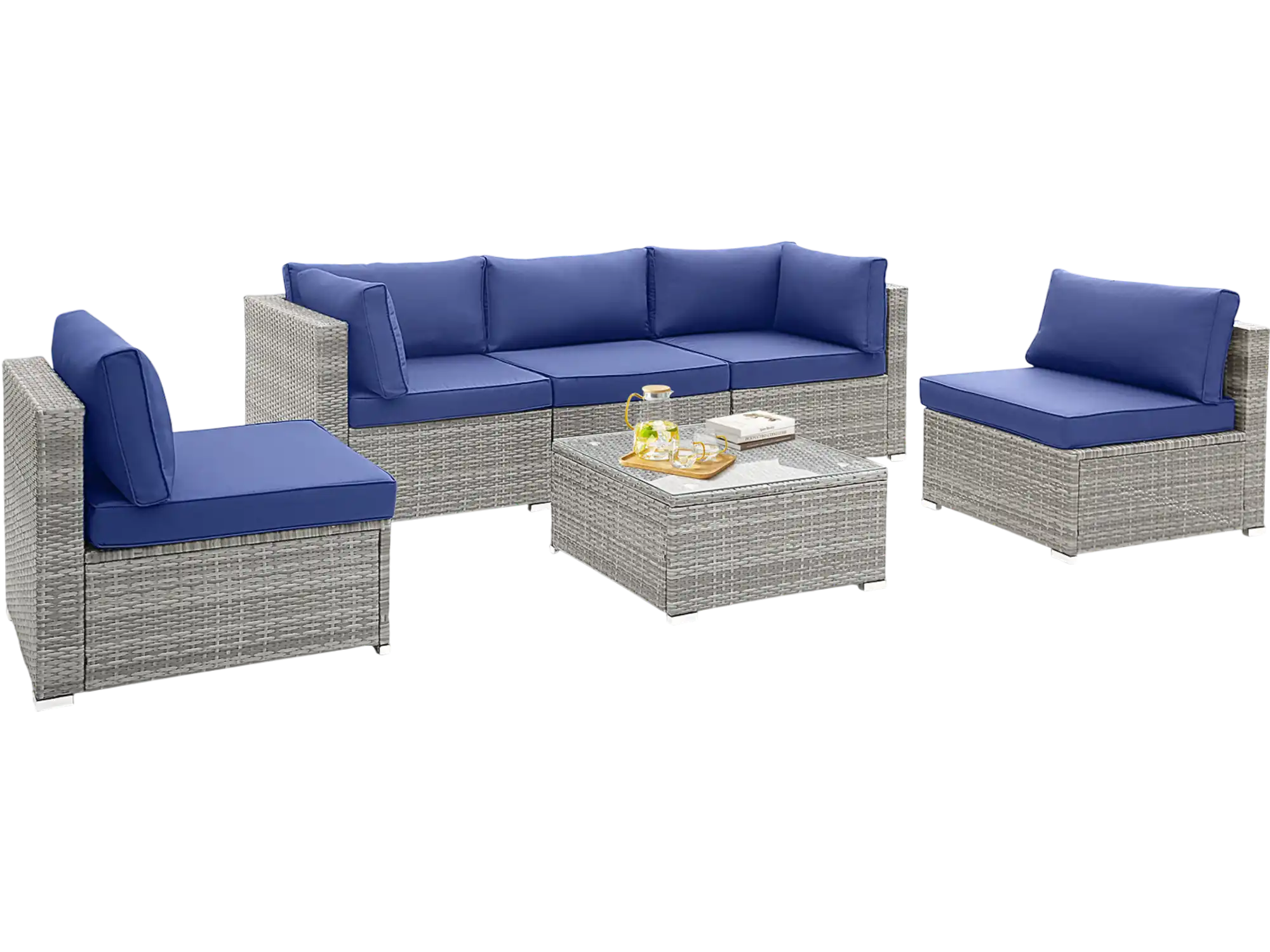 Costway 6 Piece Patio Conversation Sofa Set Tempered Glass Coffee Table Navy 92513648 New
