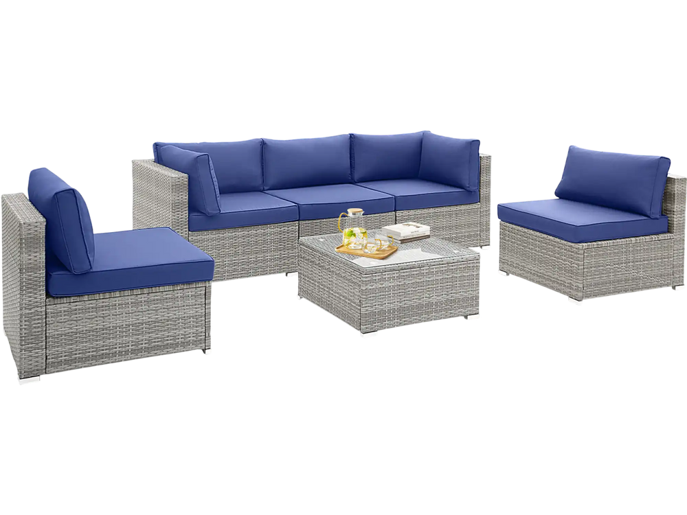 6-piece patio conversation sofa set with navy cushions and tempered glass coffee table, perfect for outdoor relaxation.