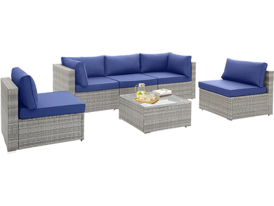 Costway 6 Piece Patio Conversation Sofa Set Tempered Glass Coffee Table Navy 92513648 New