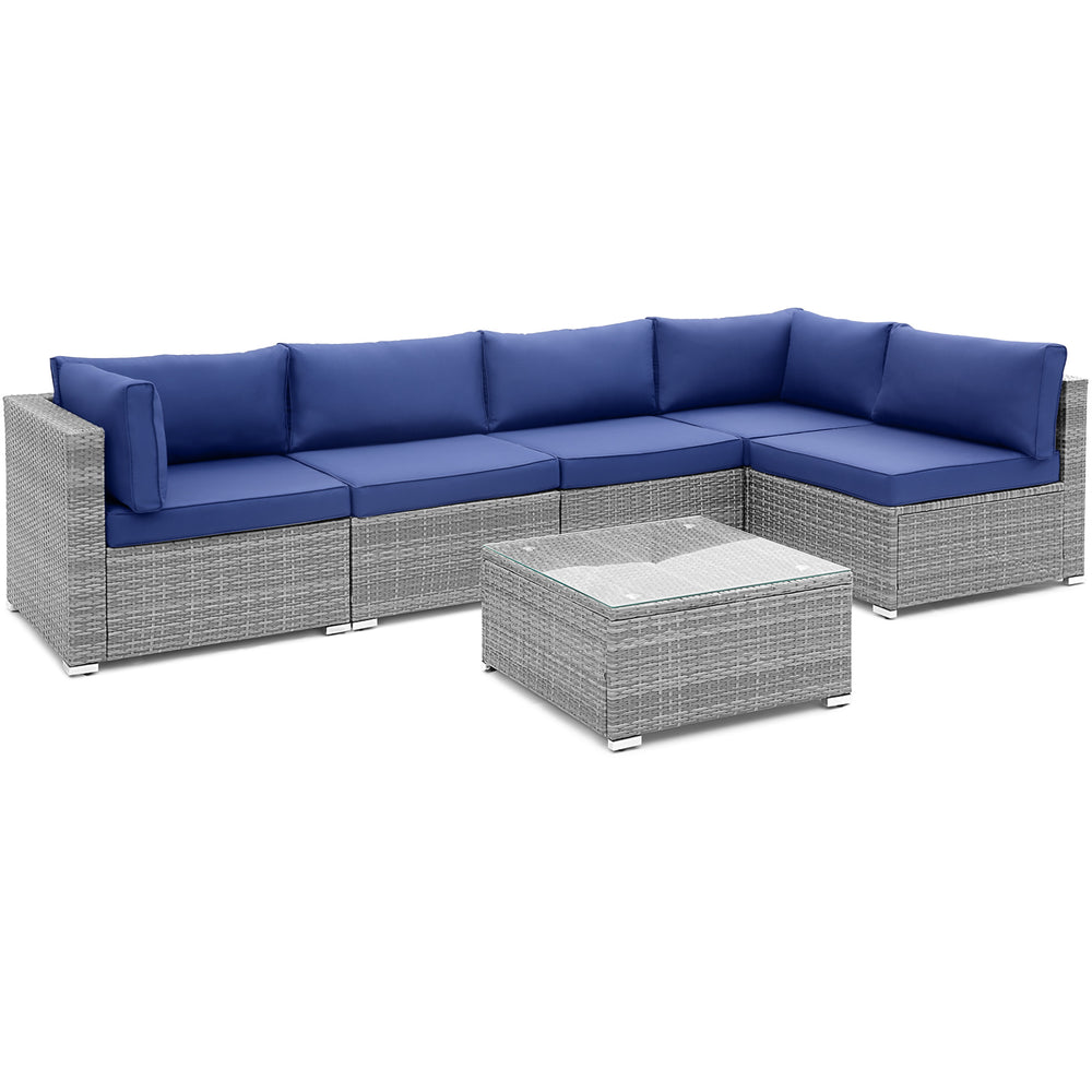 L-shaped 6 piece patio conversation sofa set with navy cushions and tempered glass coffee table for outdoor relaxation.
