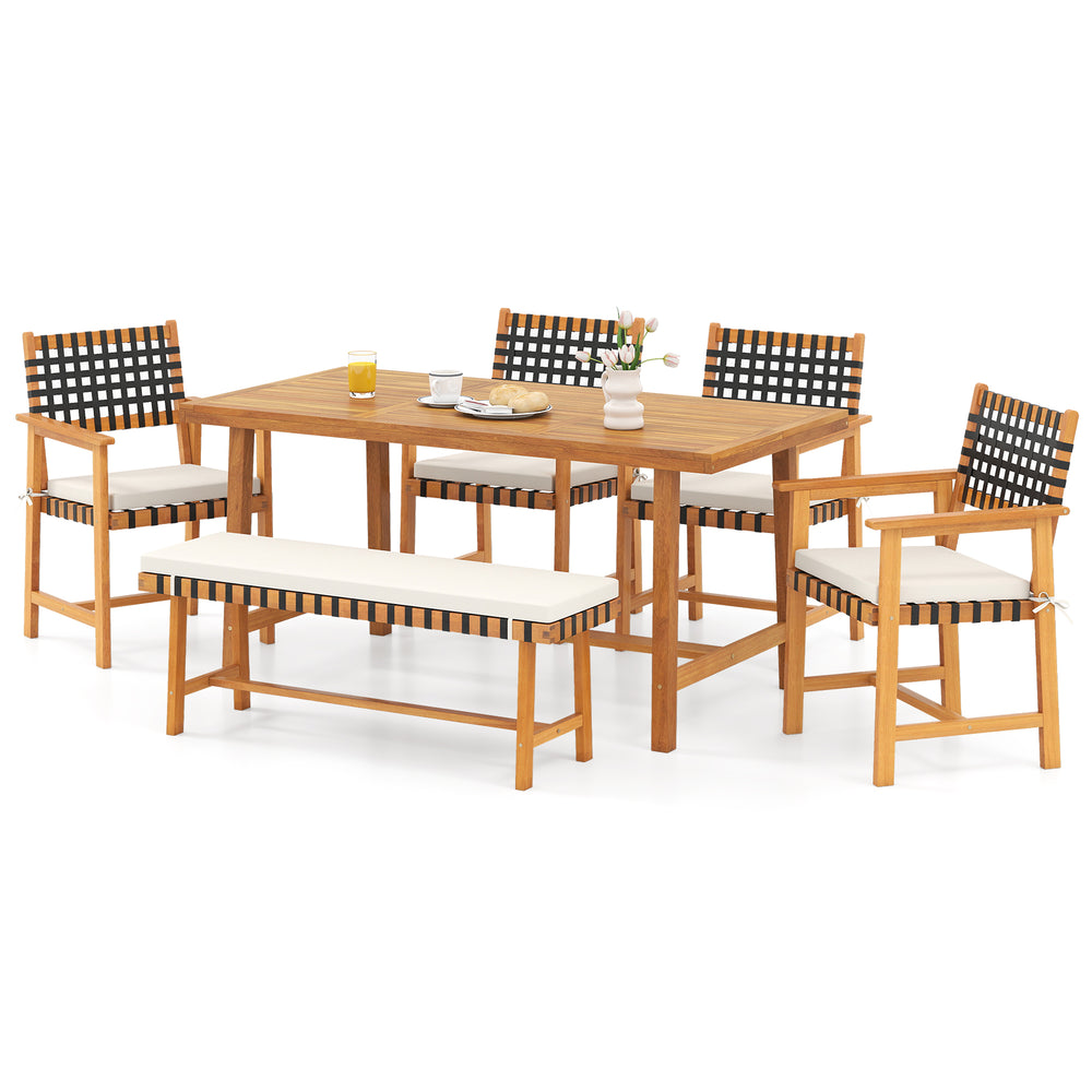 6-piece patio dining set featuring solid acacia wood, includes table, bench, and 4 armchairs with padded cushions for.