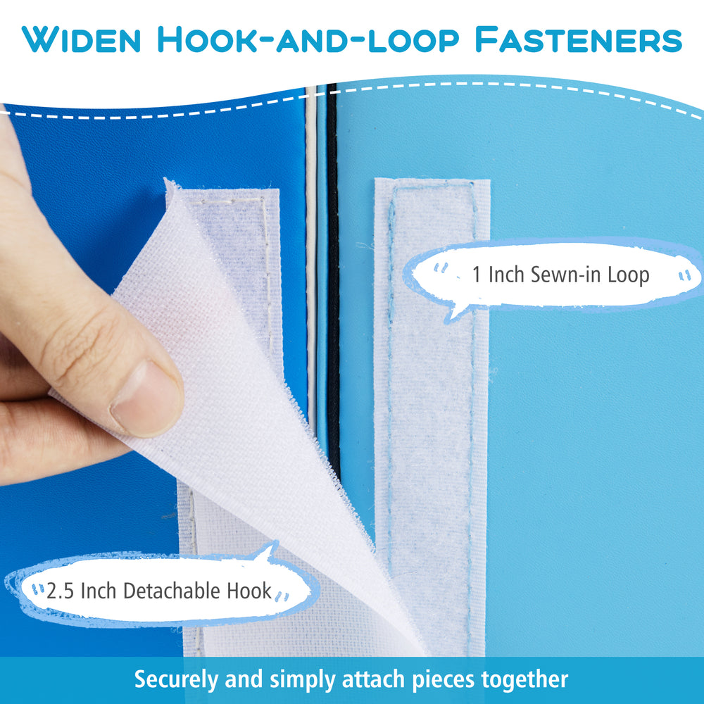 Close-up of hook-and-loop fasteners on the 6-piece soft play set for toddlers, featuring secure attachment for climbing.