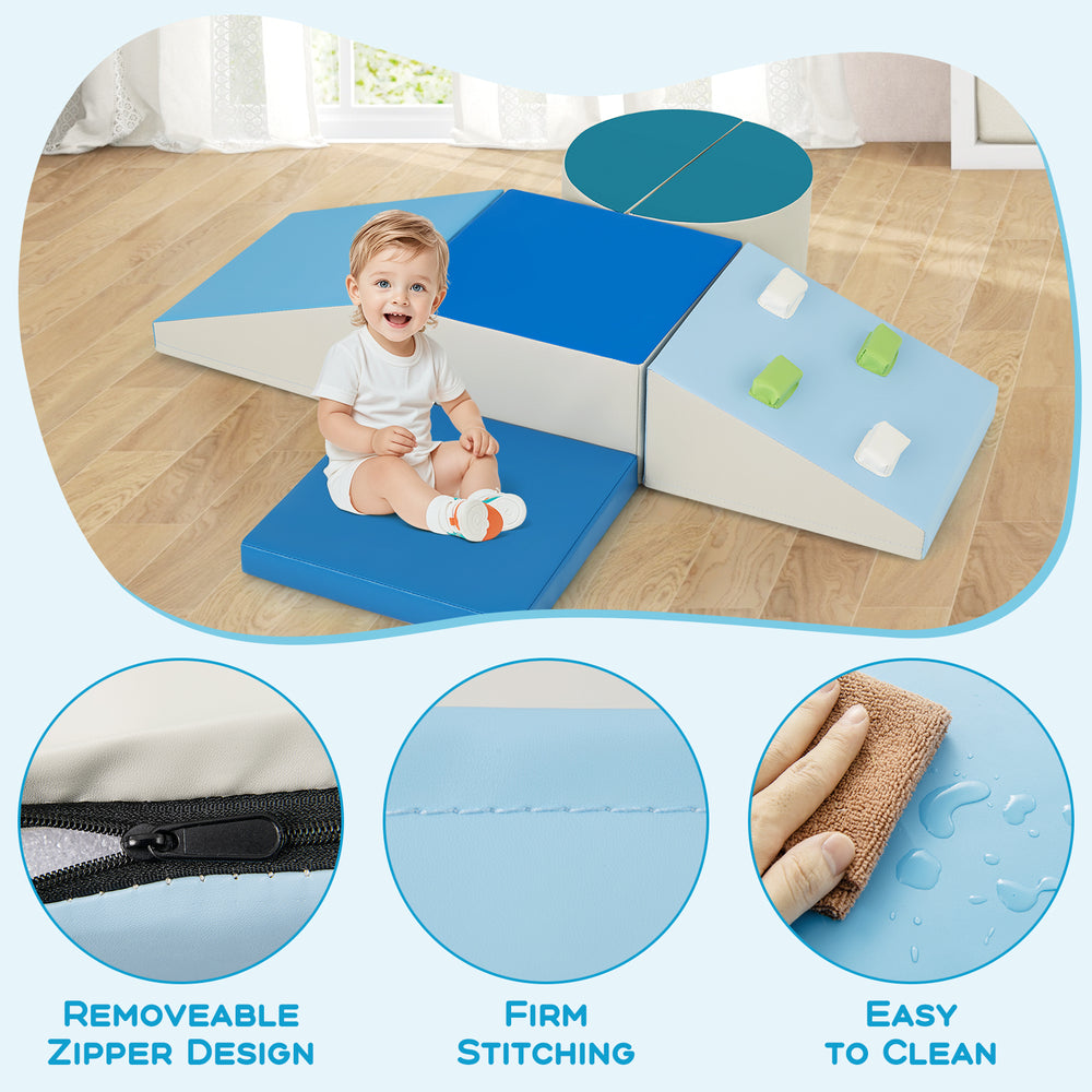 Soft play set for toddlers featuring climbing triangle and ramp in blue, made of high-density foam and waterproof PU.