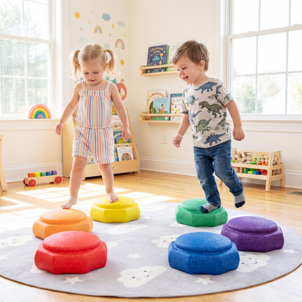 Colorful 6-piece stepping stones for kids, promoting sensory play and coordination on a soft indoor rug.