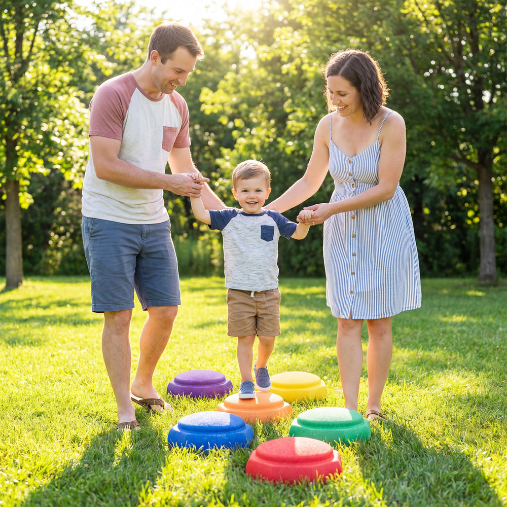 Colorful 6-piece stepping stones for kids in a grassy area, promoting coordination and sensory play outdoors.