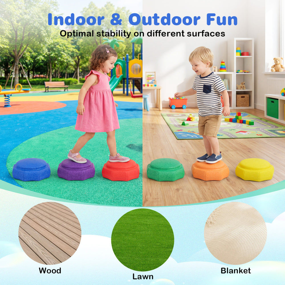 Colorful 6-piece stepping stones for kids, made from durable EPP material, ideal for indoor and outdoor sensory play.