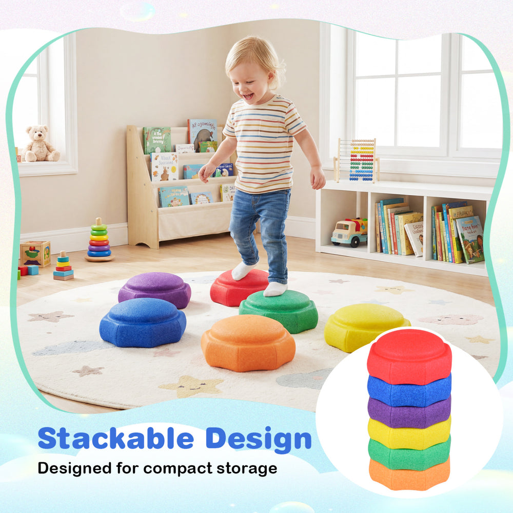 Colorful 6-piece stepping stones for kids, designed for sensory play and coordination, featuring a stackable design for.