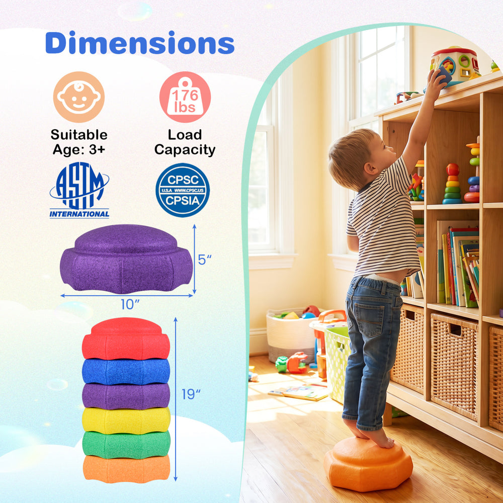 Colorful 6-piece stepping stones for kids, 19" wide, promoting sensory play and coordination for indoor and outdoor fun.