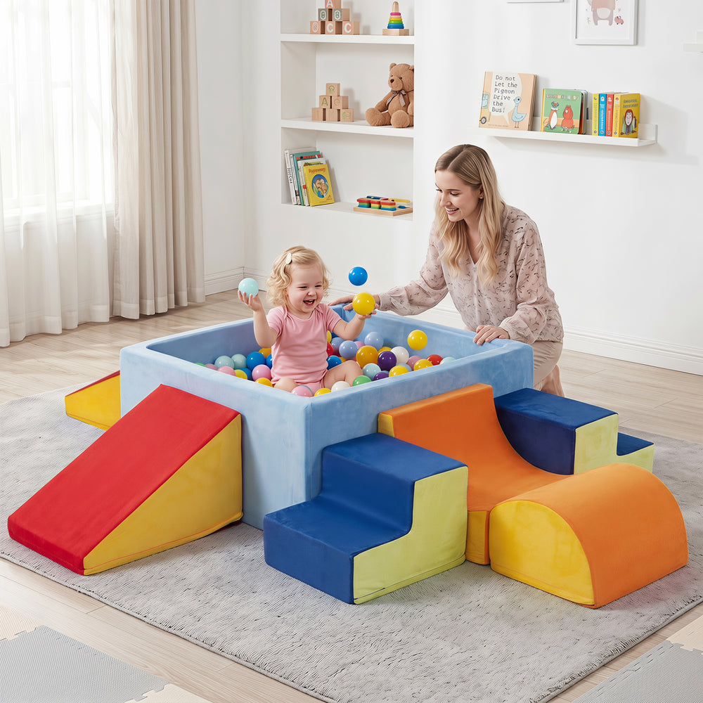 Colorful 6-piece toddler climbing toys set with ball pit, featuring slopes and stairs for fun and active play.