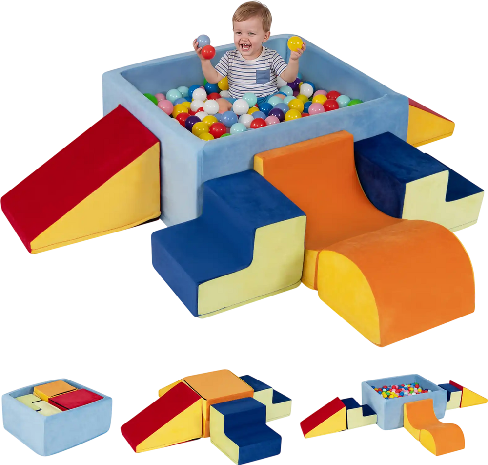 Colorful 6-piece toddler climbing toys set with ball pit, slopes, and stairs for fun and safe playtime.